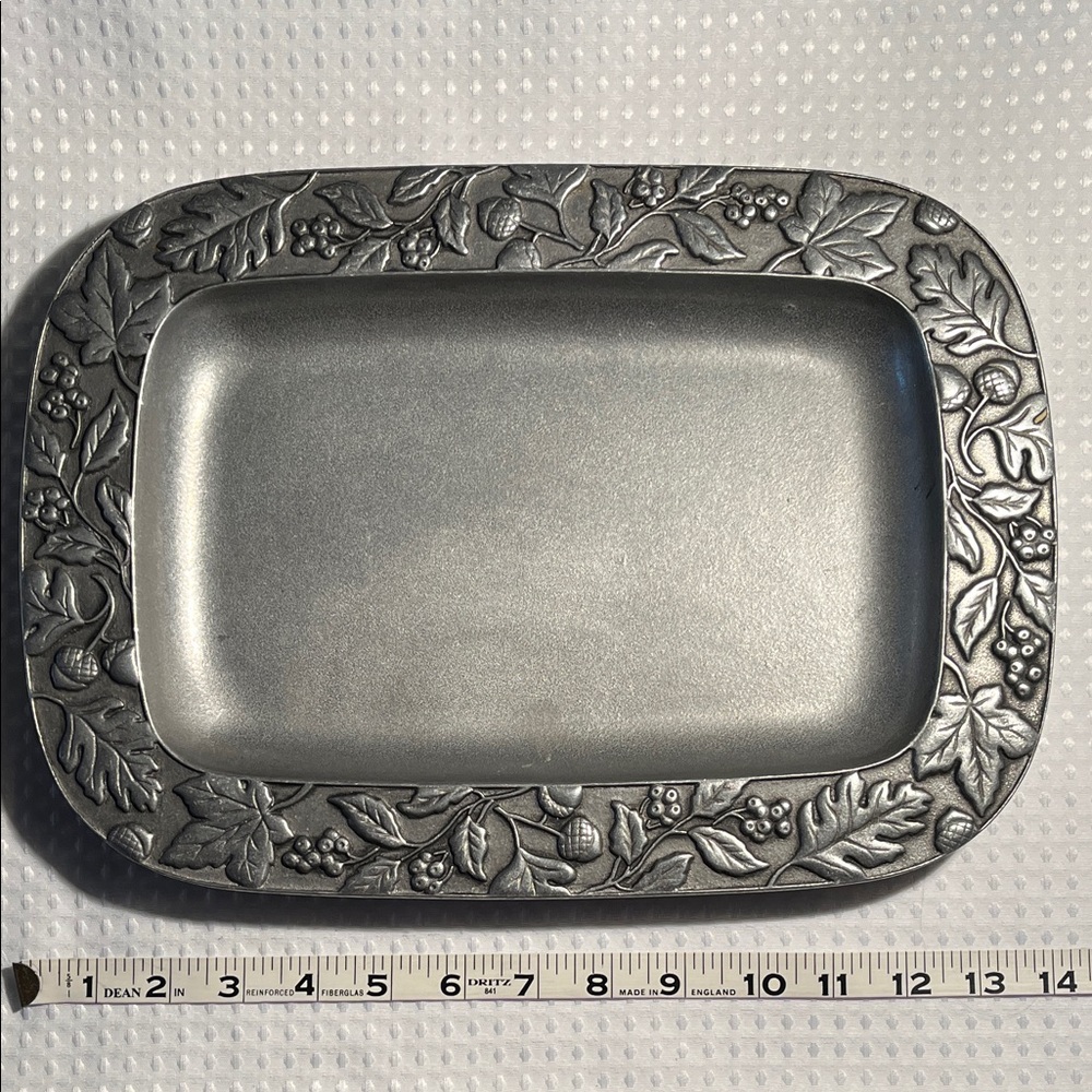 Longaberger Vintage Pewter tray in Falling Leaves with Acorn pattern.